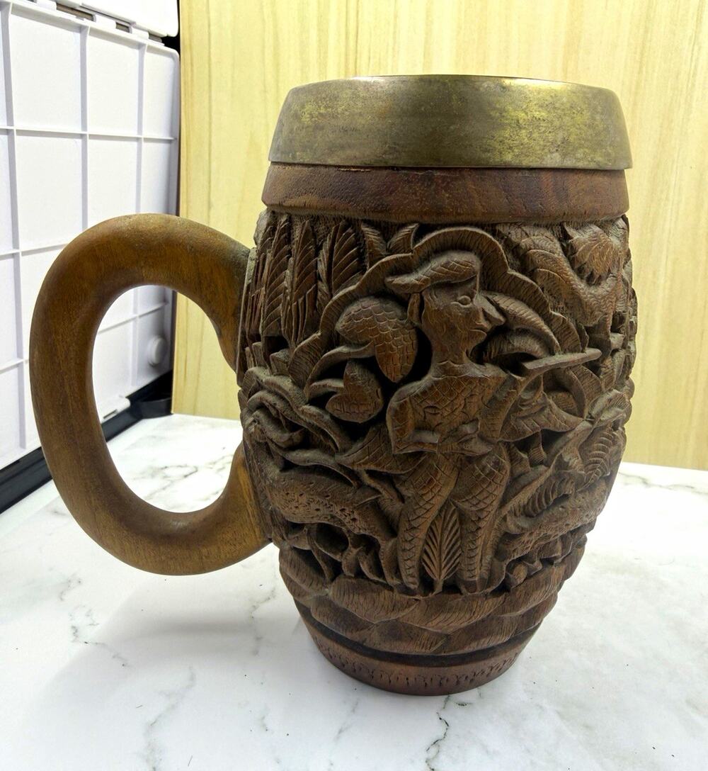 Vintage Hand Carved Wood Beer Mug Tankard Brass Liner Mid Century Folk Art Stein